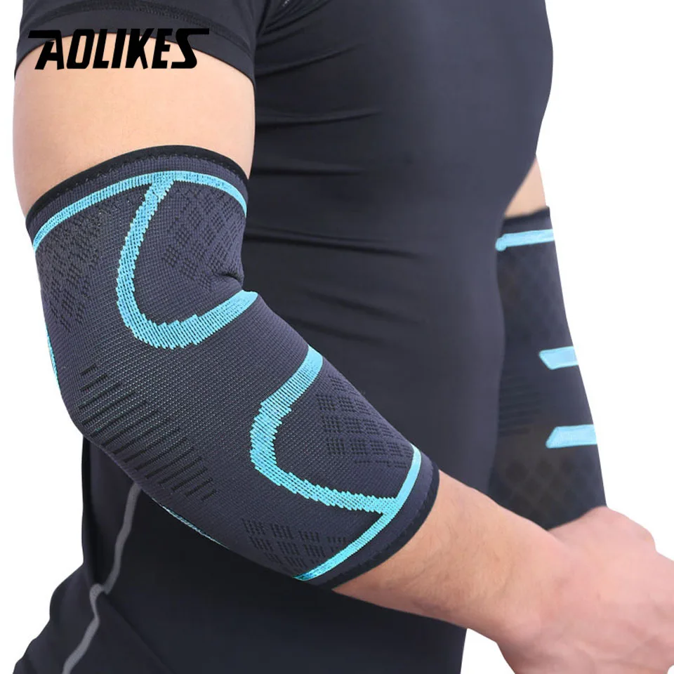 Blue AOLIKES 1 пара эластичных налокотников для баскетбола, тенниса, налокотники для поддержки, защитное снаряжение, дышащие налокотники, спортивные защитные аксессуары - Цвет: Blue