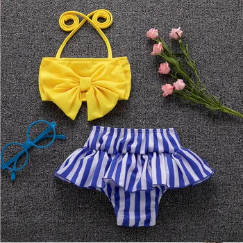 

2019 New Newborn Kids Baby Girls Bow Tie Bikini Set Striped Ruffle Swimwear Swimsuit Bathing Suit Beachwear Soft Halter