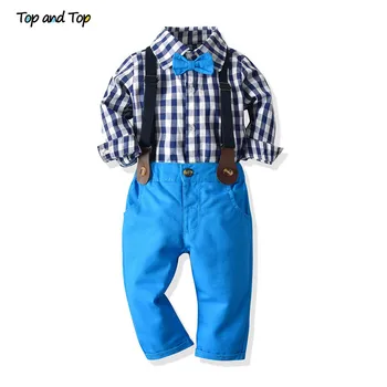 

Top and Top Autumn Boy Gentleman Clothes Sets Long Sleeve Plaid Shirt Tops with Bowtie+Suspender Trousers Kids Casual Clothing