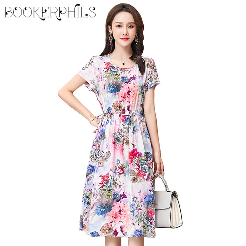 

Summer Dress 2019 Women Boho Style Flowers Print Beach Dress Short Sleeve Elegant Party Dresses With Belt Vestidos Plus Size 6XL