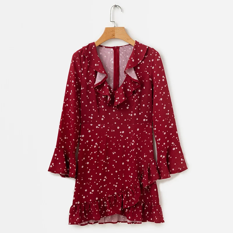 BONGOR LUSS Long Flare Sleeves Sexy Deep V Neck Ruffle Women Party Dresses Mini Dress Autumn Floral Print Chiffon Dress  (10)