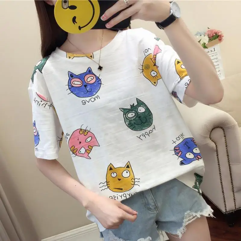 

2019 Summer New Korean T Shirt Women Kawaii Retro Cat Print Tees Harajuku Loose O-neck Short Sleeve Women Tops T-shirt Horse