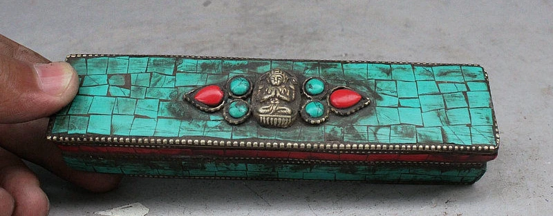 

6" Old Tibet Buddhism Turquoise Mahakala Elephant Phurba Dagger Holder With Box