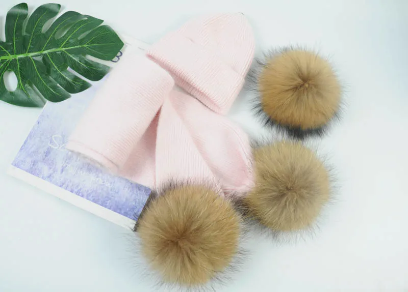 Set pink N Детский вязаный шарф и шапка, Модный комплект из 2 предметов для маленьких девочек и мальчиков, однотонный зимний теплый меховой комплект с помпонами, вязаная шапка+ шарф - Цвет: Set pink N