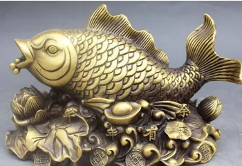 

YM 311 8" Chinese Bronze Money Wealth Yuanbao Lotus Leaf Fish Barracuda Animal Statue