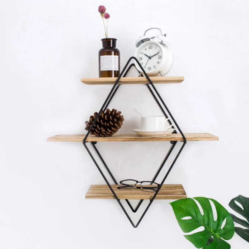 

Nordic living room bedroom Metal Wall Shelf racks wrought iron wall hanging wooden wall storage rack creative wall partition