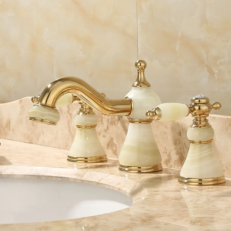 Basin Faucets Luxury Gold Brass Deck Mounted Jade Bathroom Faucet 3 Pcs