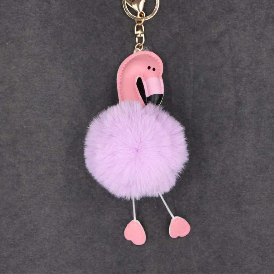 

Fashion Flamingo Pompom Keychain Key ring Fluffy Artificial Rabbit Hairball Keychains Animal Bird Women Key Chain Holder