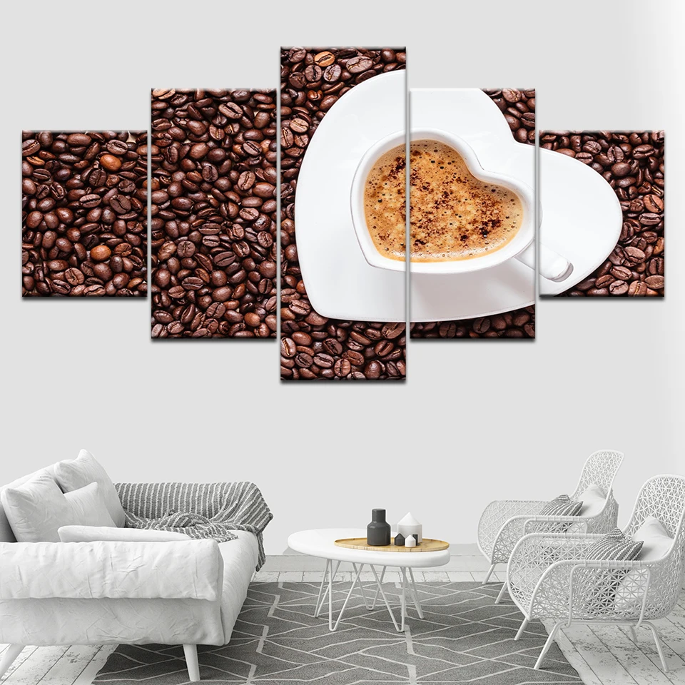 Canvas Painting Heart shaped cup of coffee 5 Pieces Modular Wallpapers Poster Framework Print for living room Home Decor | Дом и сад