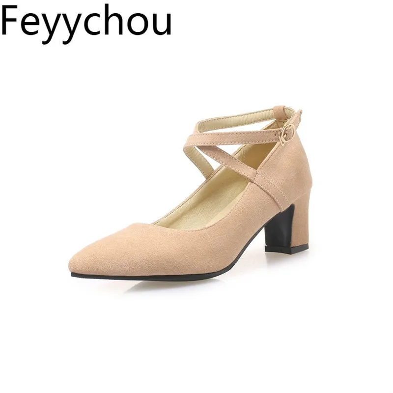 Women's Pumps Med Heels Spring Autumn Flock Pointed Toe Buckle New Sexy Fashion Casual Party Wedding Black Big Size 34-48