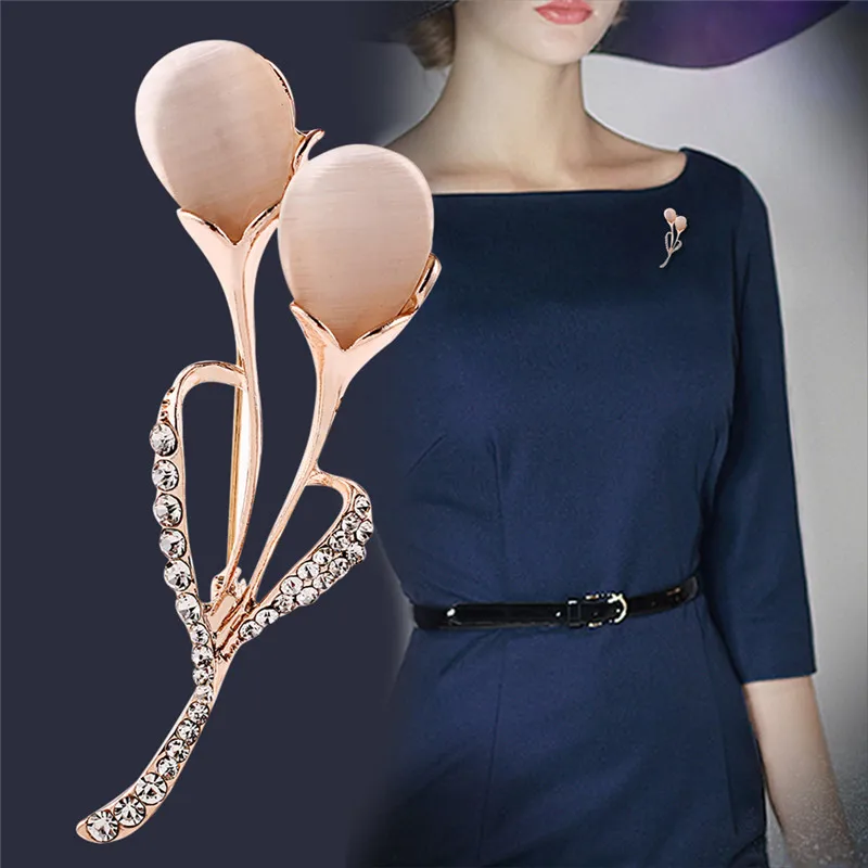 

Fashion Opal Stone Tulip Brooch Pin Elegant Jewelry Flower Brooches Crystal Pin 6.6cm*2.5cm