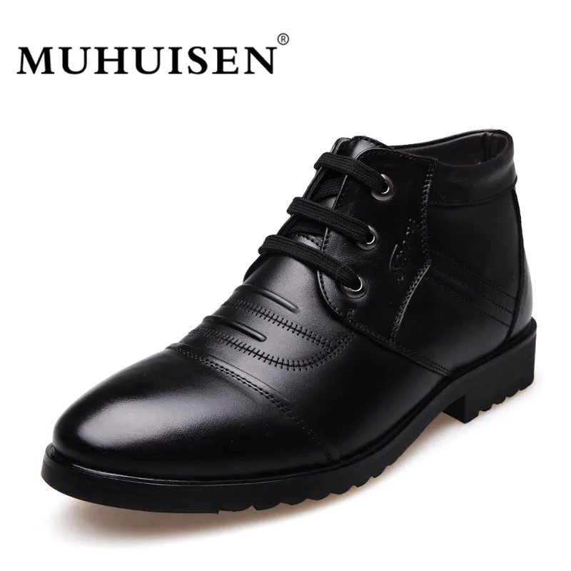 

MUHUISEN Genuine Leather Men Ankle Boots Winter Warm Male Casual Snow Shoes Cowhide Motorcycle Lace Up Fur Boot
