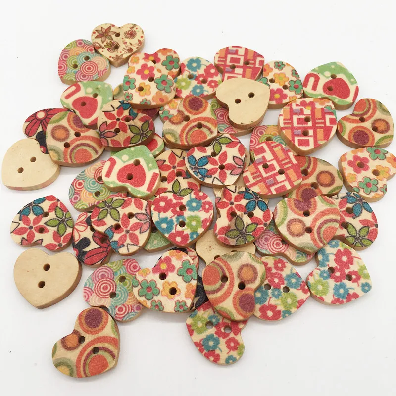 50pcs/lot Heart Shape Wood Buttons Mixed Designs Sewing DIY Craft