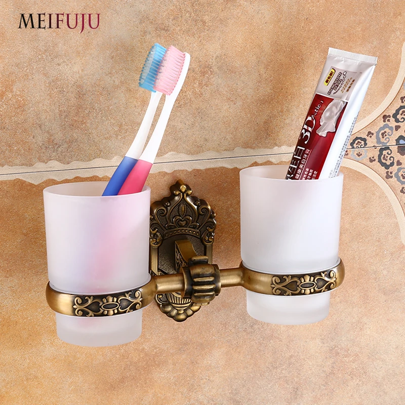 

MEIFUJU Aluminum Antique Tumbler Toothpaste Toothbrush Holder with Double Single Cup Tumbler Holders Black European Style Wall