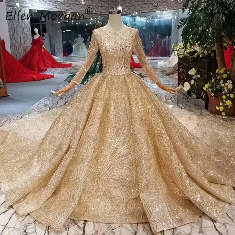 Luxury Glitter Vintage Gold Wedding Dresses Long Sleeves 2019 Sheer ...