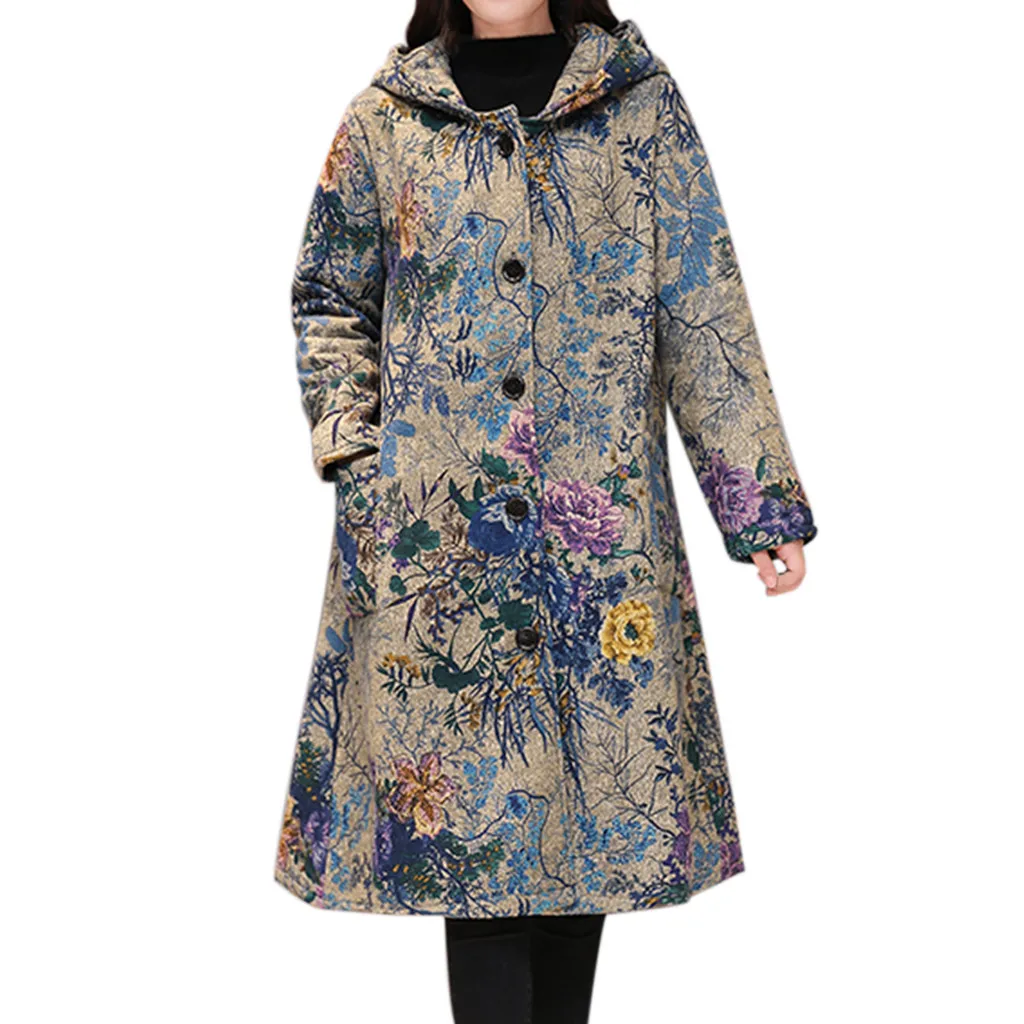 

CHAMSGEND High Quality Women Hooded Coat Fashion Folk-Custom Print Long Warm Jacket Casual Long Sleeve Windbreaker Coat No21