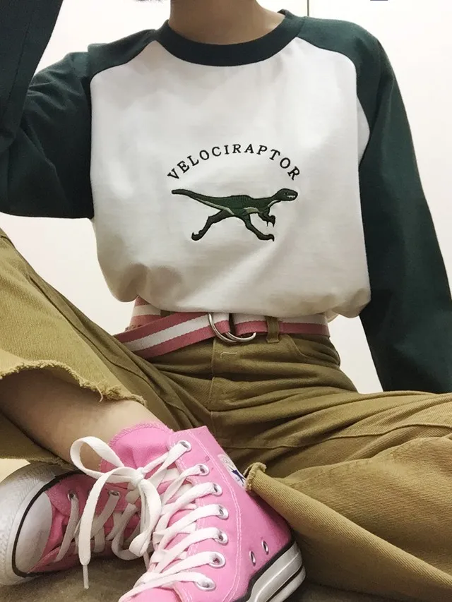 Лонгслив Велоцираптор свитер женский Longsleeve Velociraptor динозавр вышивка вышитые harajuku корейский ulzzang kawaii старинные ретро tumblr