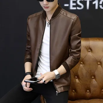 

Fashion men leather jacket Spring autumn Stand collar Casual PU coat mens Solid color Bomber jacket Male slim outerwear M-4XL