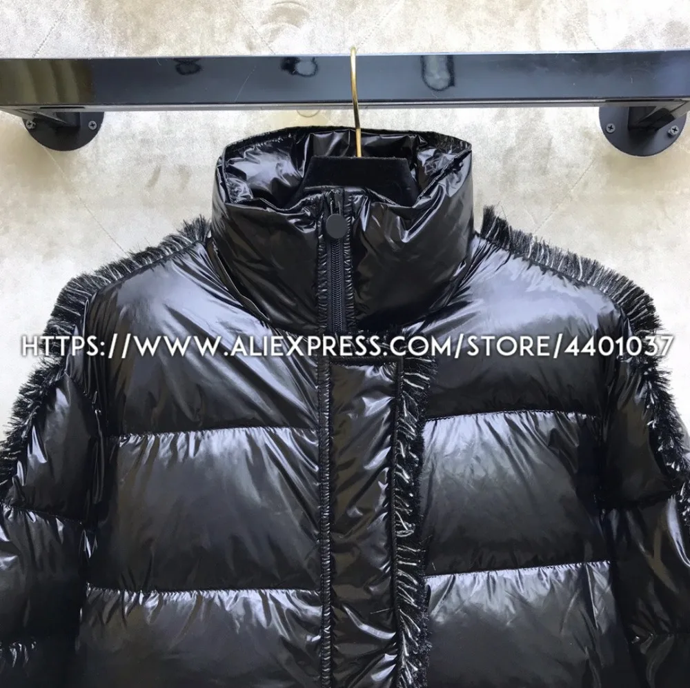 Down Jacket Coat Women 2018 Fall Winter White and Black Puffer Jacket Long Bubble Coat with Tweed Tassels Decorated Edge