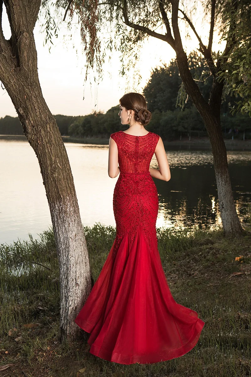 Women's Elegant Crystal Beading Long Evening Dress Model Show Back