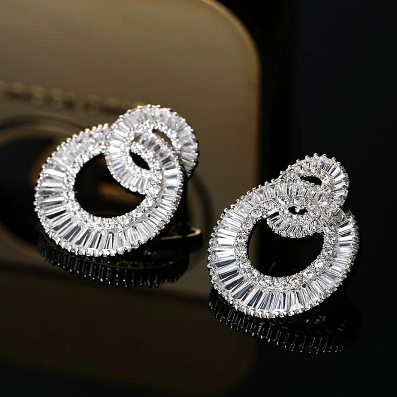 

Dual Circular Crossed Design Zircon Cluster Stud Earrings For Women White/Rose Gold Color Cubic Zirconia Boucle D'oreille LS410