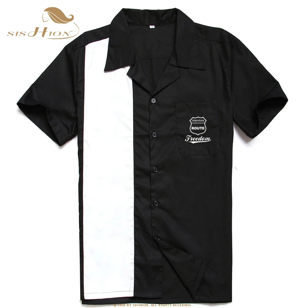 SISHION روك خمر الرجال قميص ST126 قصيرة الأكمام أسود جيب القطن L-3XL زائد حجم الرجعية البولينج camiseta هومبر قميص الرجال