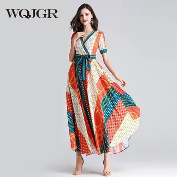 

WQJGR High Waist Bohemian Party Dress Women Sashes V-Neck Short Sleeve Dot Printing Vestidos De Fiesta