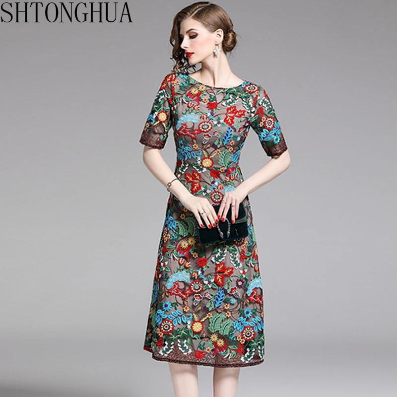 

SHTONGHUA Luxury Brand Women Dress New Summer Short Sleeve Floral Embroidery Midi Dress High Quality Elegant Vintage Party Dress
