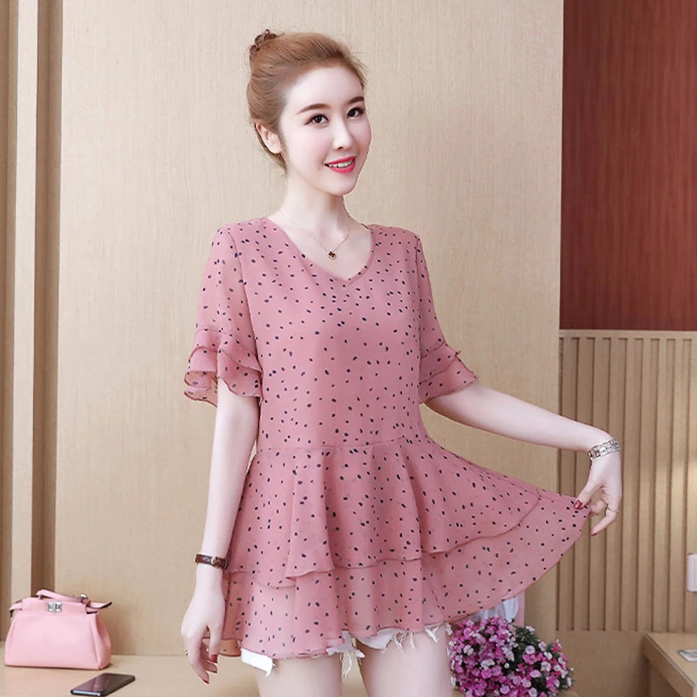 Spring and summer new style L-5XL large size chiffon short sleeve top Fashionable V-neck chiffon shirt