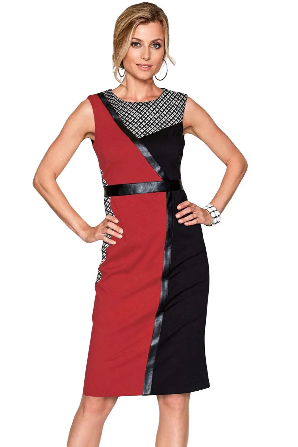 Red-Black-Asymmetric-Patchwork-Leather-Trim-Sheath-Dress-LC220550-2-1
