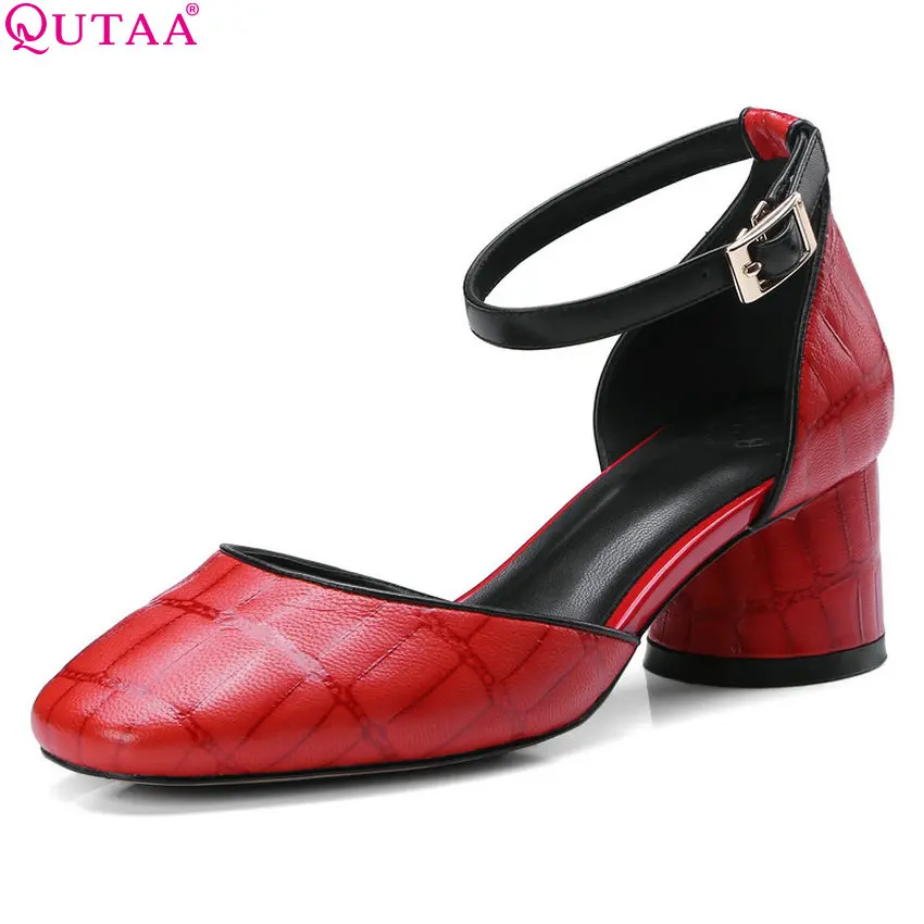 

QUTAA 2018 Women Pumps Square High Heel All Match Sheep Skin Square Toe Two Peice Buckle Fashion Women Pumps Szie 33-42