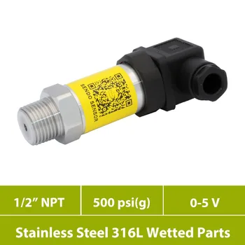 

0 500 psi pressure sensor transmitter, for liquid and gas, 0 to 5V transducer, 12 30V DC ,1 2 NPT thread, AISI 316L wetted parts