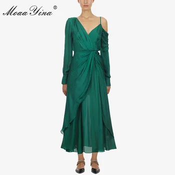 

MoaaYina Fashion Designer Runway dress Spring Autumn Women Dress Long sleeve One shoulder Elegant Green Party Dresses