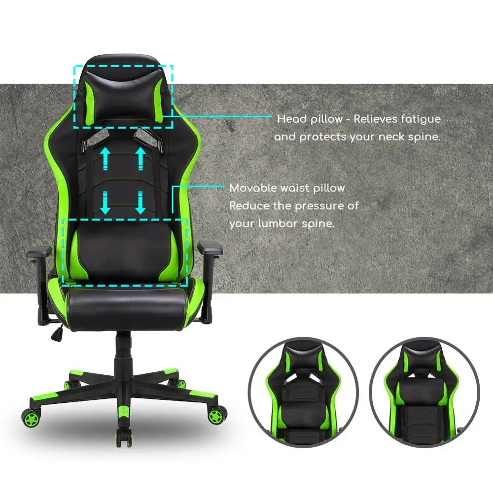 Computer Gaming Chair  PU Leather Swivel Office Chair  Adjustable Head Pillow Movable Lumbar Cushion  Racing Sport Style A35