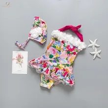 Летний купальный костюм для маленьких девочек+ шапочка, комплект из 2 предметов, цветочный купальный костюм детский пляжный купальный костюм для малышей