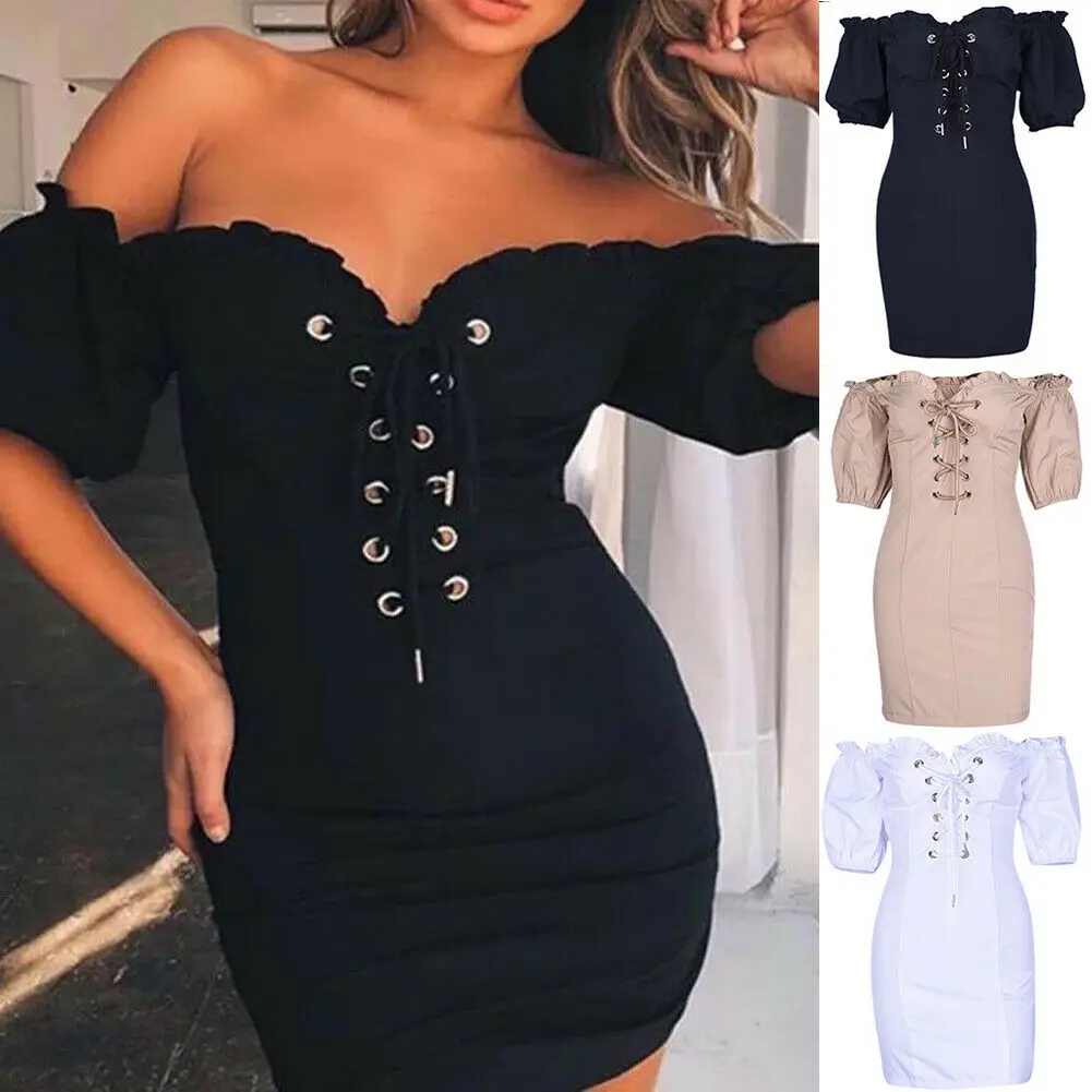 

Women Mini Dress Solid Color V Neck off the Shoulder High Waist Summer Bodycon Ladies Sexy Evening Party Femme Short Dress