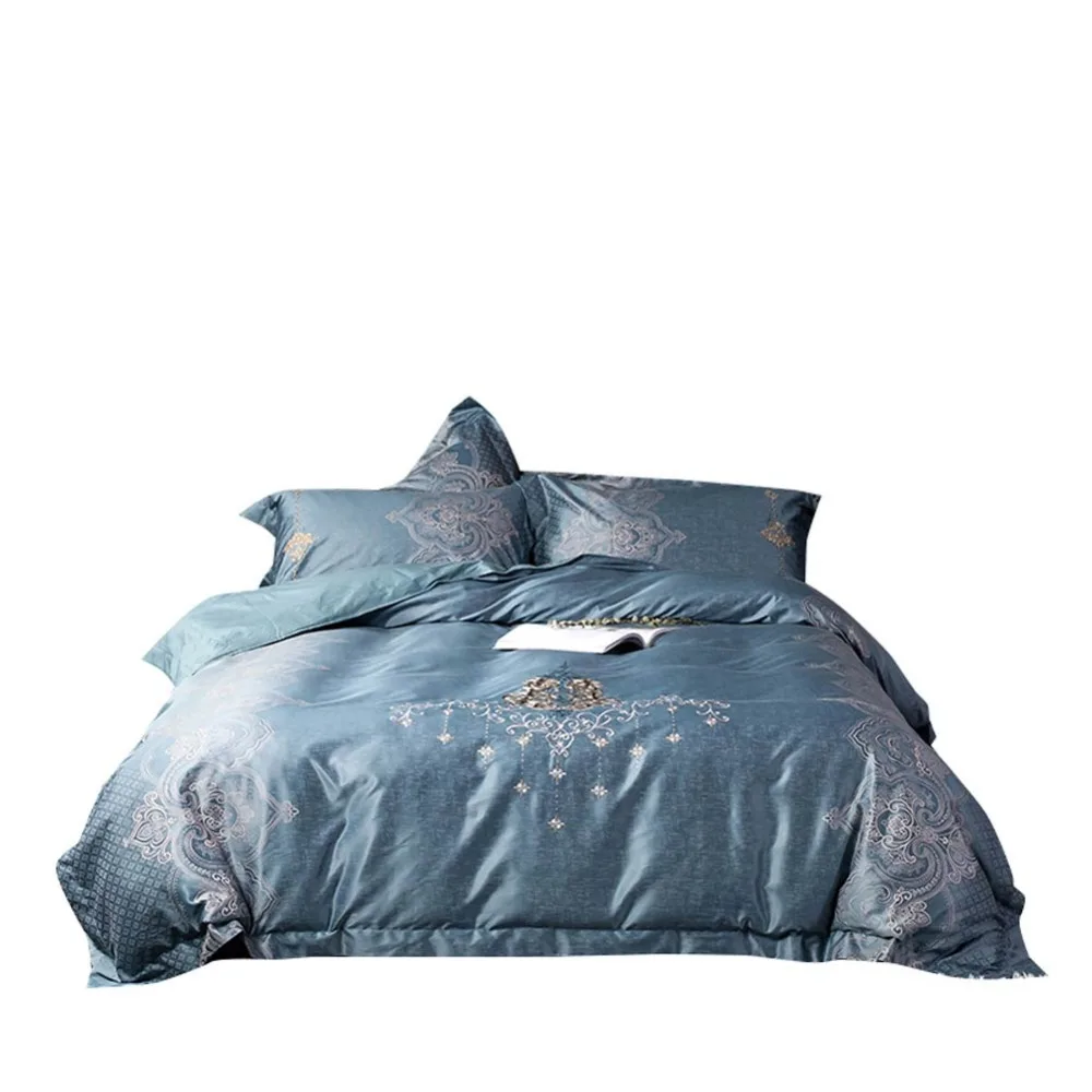 

2019 European Style Flowers Dark Green Bedlinens Embroidery Silk Cotton Jacquard Blend Queen King Duvet Cover Set Pillowcases