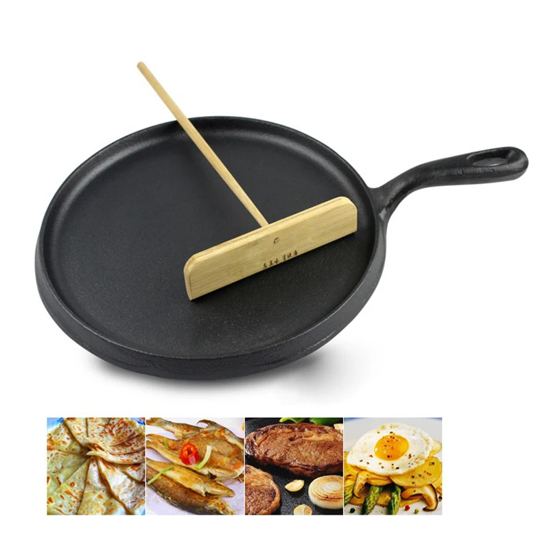 

24CM Uncoated Non-stick Crepe Griddles Maker With Wooden Spreader Cast Iron Pancake Pizza Omelette Steak Pan BBQ Roasting Pan