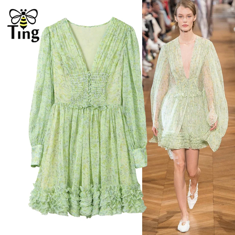 

Tingfly 2019 New Fashion Designer Runway Floral Mini Dress V Neck Ruched Ruffles Mini Party Dress Fresh Green Cute Short Dress