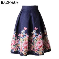 BACHASH Лето 2018 г. для женщин юбка Винтаж Peach Blossom цветочный принт высокая Талия бальное платье Плиссированные Миди приталенное юбки для Saias