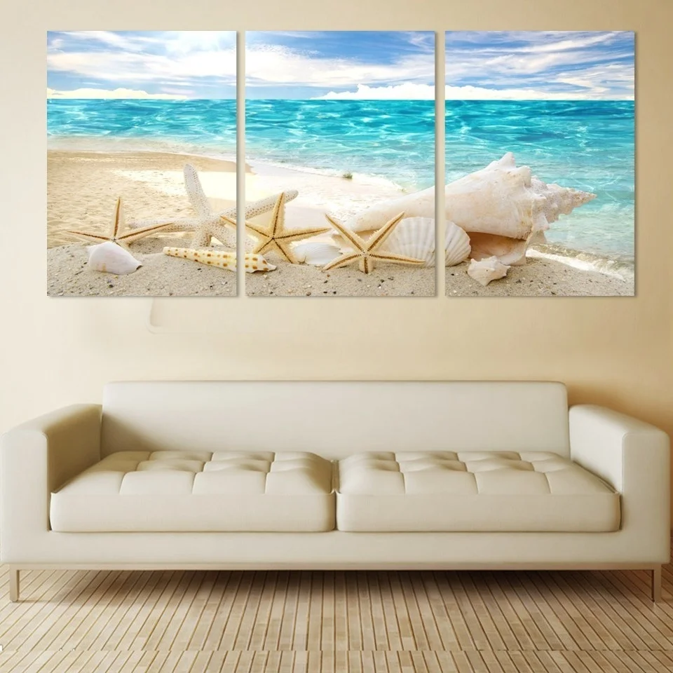 

2018 New 3 Pieces Frameless Summer Beach and Shells Seascape Large Size Canvas Print Wall Art Picture House Decoration