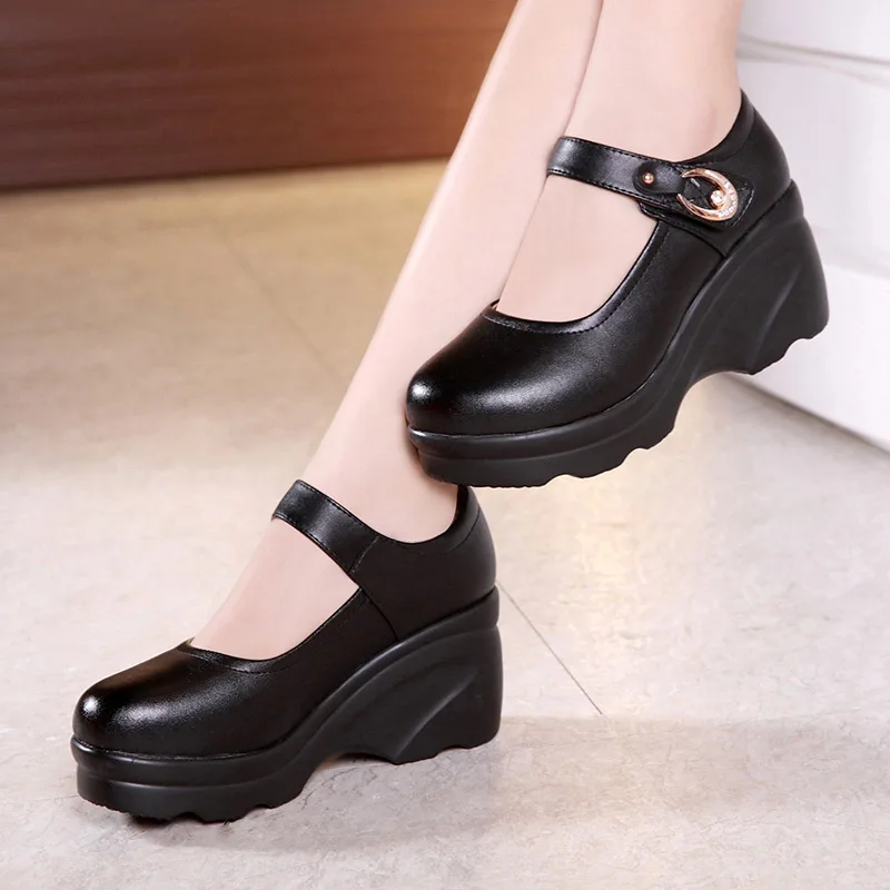 Split Leather Womans Shoes Creepers Platform Pumps Spring Autumn High Heels Wedges Shoes for Women Black Work Shoe