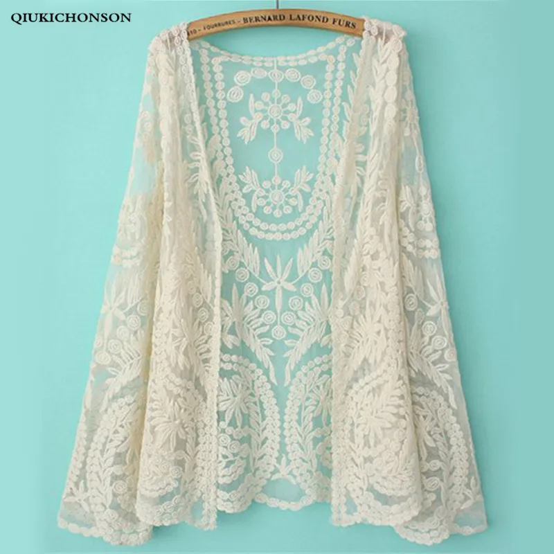 

Qiukichonson White Lace Cardigan Summer Bohemian Sexy Transparent Bikini Cover Up Ladies Sunproof Womens Cardigan Long Sleeve