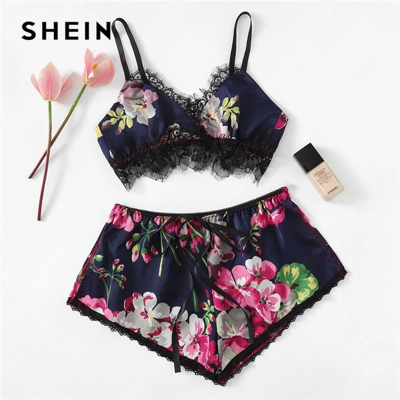 SHEIN Цветочный Комплект Белья С Кружевной Отделкой Сексуальный Женский