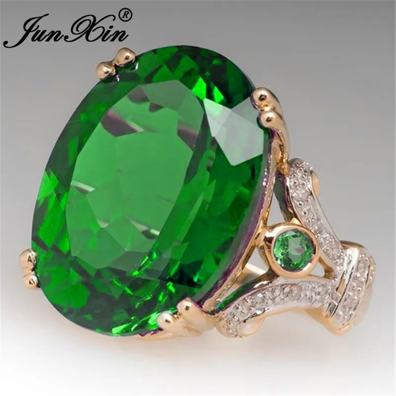 JUNXIN Male Female Luxury Big Oval Stone Engagement Rings For Women 18KT Yellow Gold Purple Green Blue Zircon Birthstone Ring