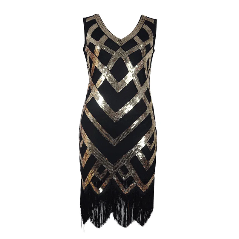 2018 Great Gatsby Dress Women Sequins Dress 1920 s Vintage Ballroom Gold Dresses Sexy Club V Neck tassels Beaded Party Dress (3)