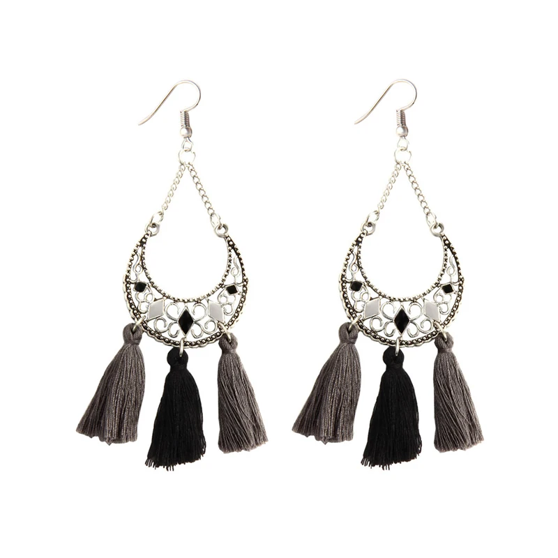 Серебряные серьги с кисточками богемные бусины драгоценным камнем эффектные