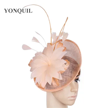 

Champagne Vintage Cocktail Tea Party Derby Church Hats Ladies feather Hat For Weddings Pillbox Fascinator sinamay Fedoras clips