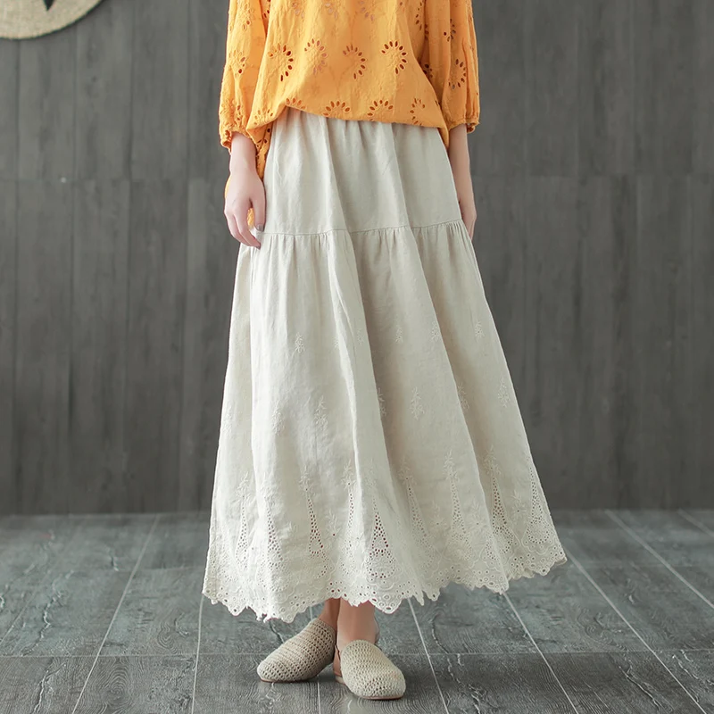

Free Shipping 2021 New Fashion Casual Spring Summer Vintage Long Maxi A-line Skirts Embroidery Flower Elastic Waist Black Skirts