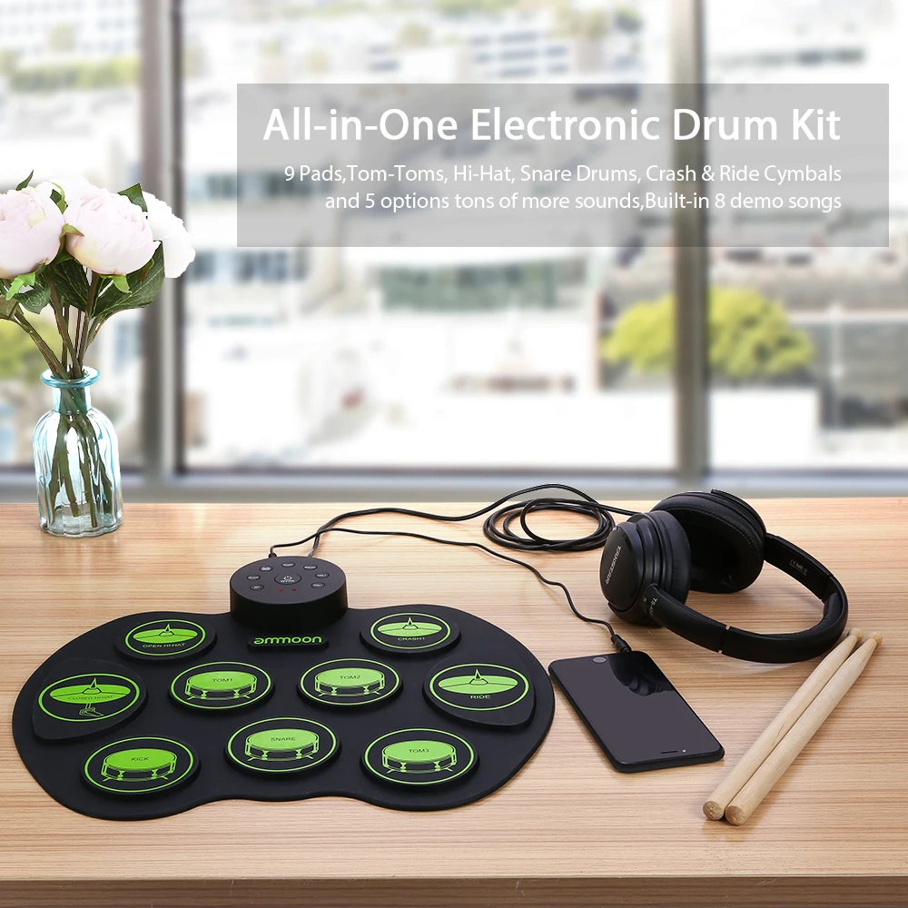 ammoon Digital Electronic Drum set Roll-Up Percussion Drum kit Electronic Pad 9 Pads 2 Foot Pedals for Kids Beginners